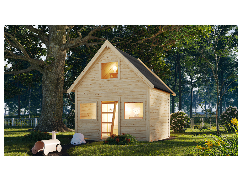 Holzspielhaus für Kinder, Holzspielzeug und Teddybär.