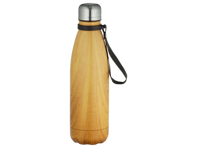Eine Thermosflasche mit Holzoptik und einem schwarzen Trageriemen.