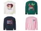 Vier Kinder-Sweatshirts: weiß mit Prinzessin, grün mit Superhelden, marineblau mit Spider-Man, rosa mit Stitch.