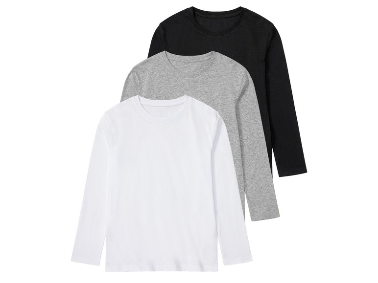 Drei Basic Longsleeve-Shirts in Weiß, Grau und Schwarz.