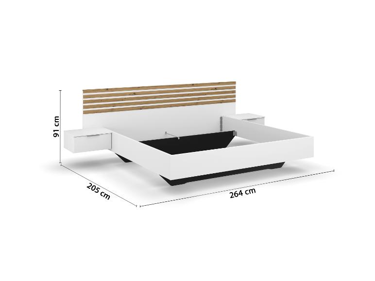 Weißes Bett mit Holzkopfteil und Nachttischen, Maße 91x205x264 cm
