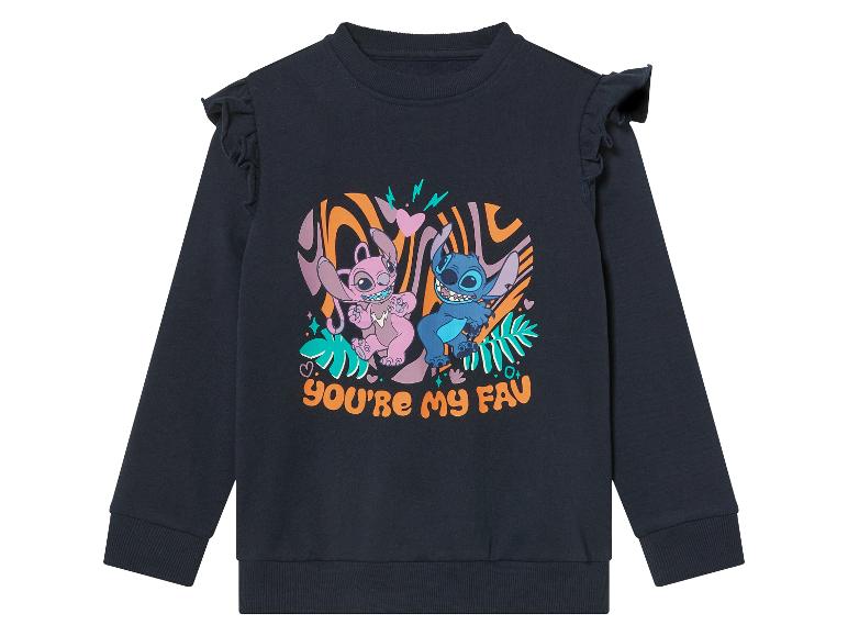 Dunkelblauer Sweatshirt mit Rüschen, Stitch und Angel Motiv.