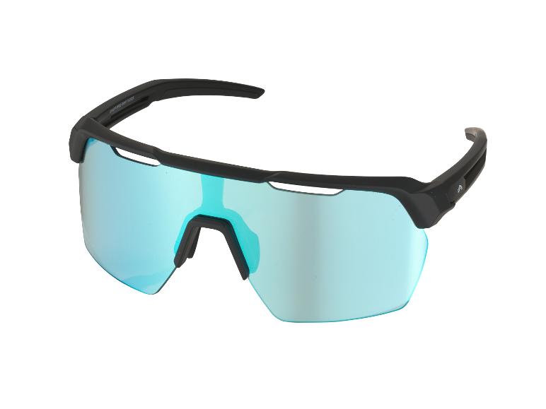 Schwarze Sportsonnenbrille mit blauen Gläsern, Vorderansicht.