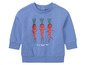 Ein blauer Pullover mit langen Ärmeln für Babys mit einem Aufdruck von fröhlichen Karotten.