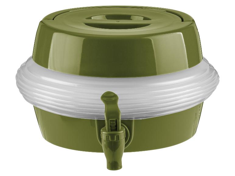 Olivengrüner Wasserspender mit Hahn, ideal für Getränke.
