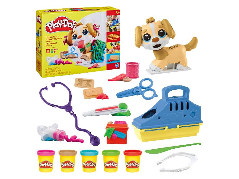 Play-Doh Care & Carry Vet: ein Tierarzt-Set mit Welpen, Werkzeugen und 5 Dosen Knete.