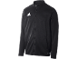 Schwarze Sportjacke mit Reißverschluss und weißem Logo auf der Brust.