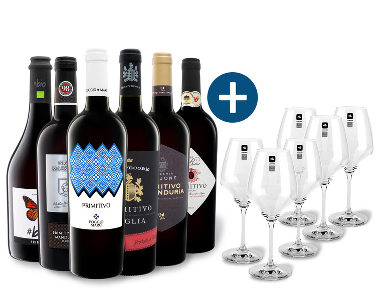 Gehe zu Vollbildansicht: 6 x 0,75-l-Flasche Weinpaket Primitivo entdecken mit 6er Rotwein-Gläserset Leonardo - Bild 1