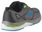 Graue und blaue Laufschuhe mit grüner Sohle.