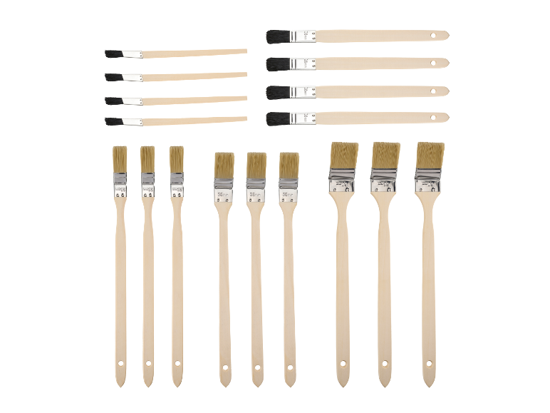Bild eines Pinselsets in verschiedenen Größen mit Holzgriffen.