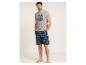 Graues Herren-T-Shirt mit Palmenprint und karierte Shorts.