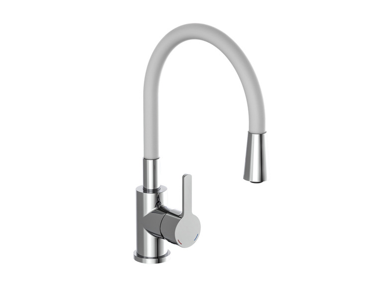 Ein weißer Küchenwasserhahn mit einem hohen Auslauf.