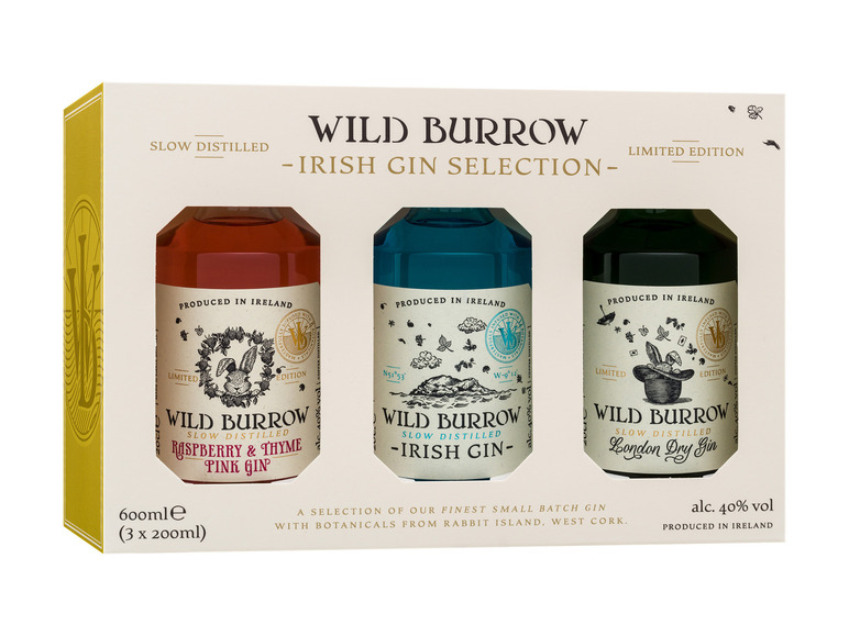 Wild Burrow Irish Gin Selection 3 x 200ml-Flaschen 40% Vol | Rotweine