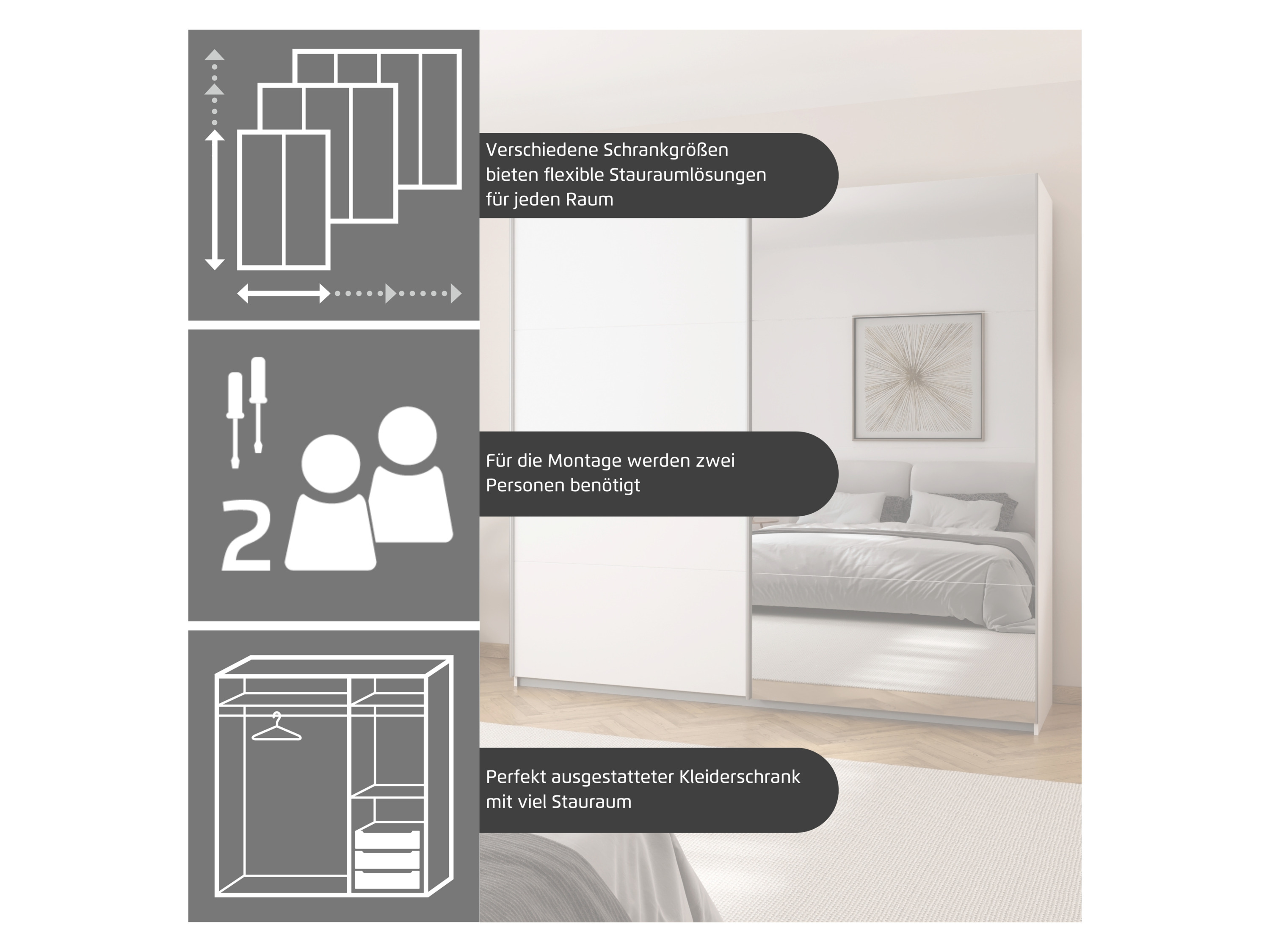 Thumbnail - rauch ORANGE Quadra Schwebetürenschrank mit Glaselementen (Premium-Zubehör, Korpus:Eiche, Glas:Weiß, 181 x 210 cm)