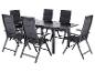 Dunkelgraue Garten-Essgruppe mit ausziehbarem Tisch und sechs Klappstühlen.