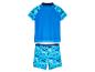 Kinder Badeanzug: kurzärmliges, blaues Oberteil und Badehose mit Meeresmotiv.