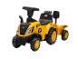 Gelber Spielzeugtraktor mit Anhänger und Schaufel, mit schwarzem Sitz und Lenkrad.