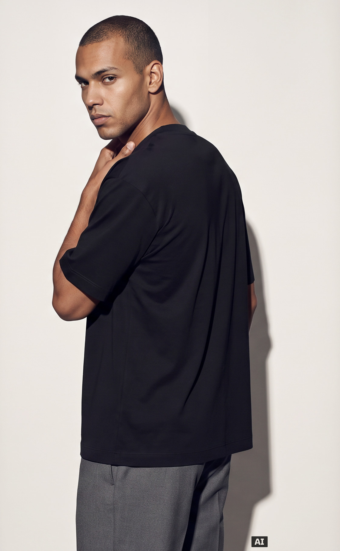 Dieses Bild ist KI-generiert: Ein männliches Model trägt den Pullover in der Farbe Schwarz.