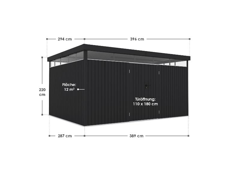 Schwarzes Gartenhaus mit den Maßen 294x396 cm und einer Fläche von 12 m².