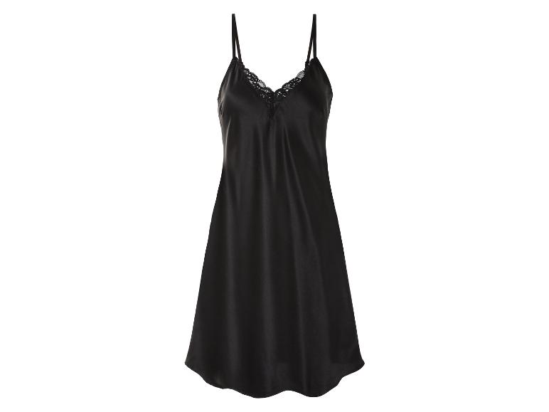 Ein schwarzes Satin-Slipdress mit Spitze.