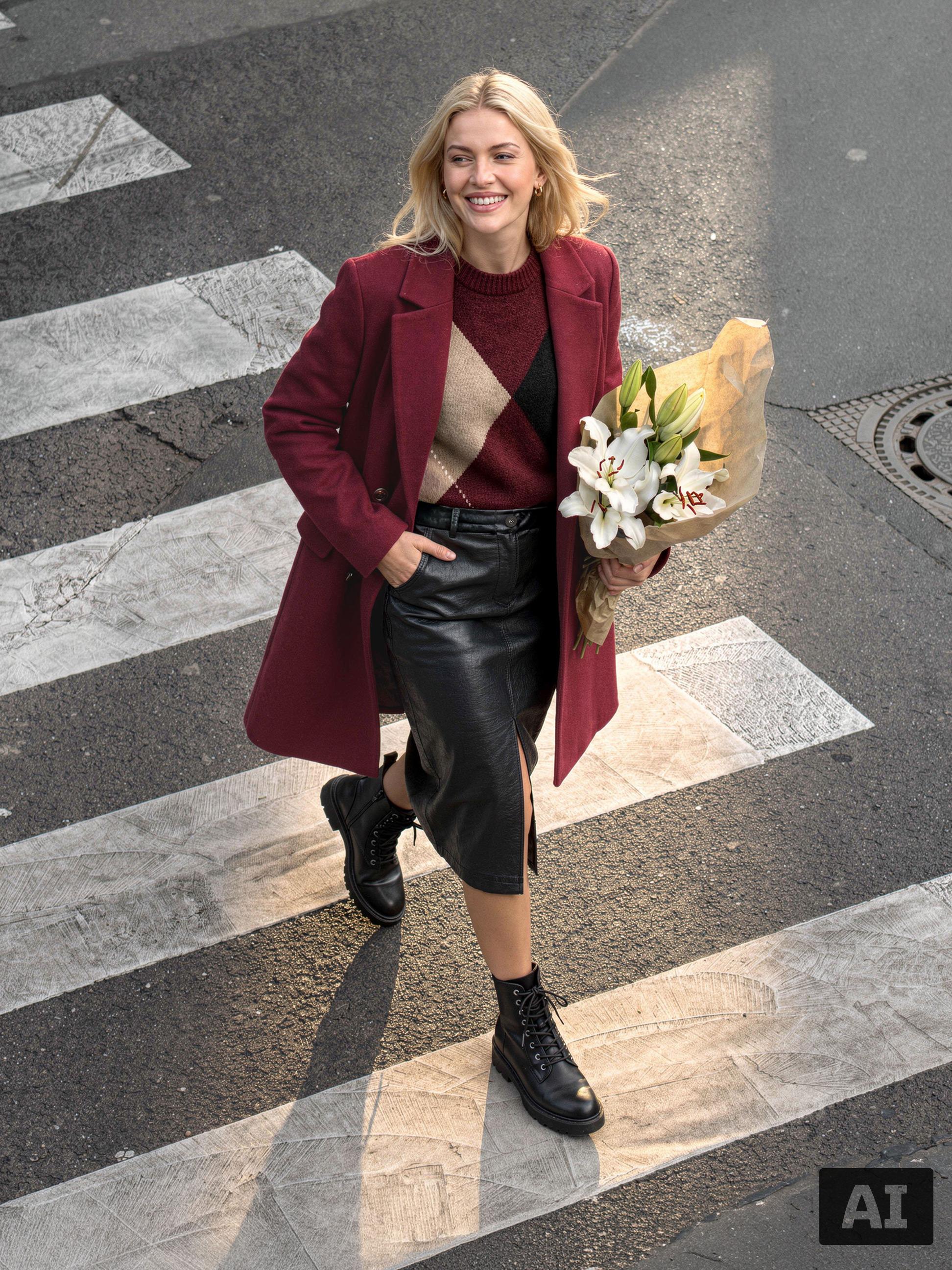 Frau in bordeauxrotem Mantel und Argyle-Pullover, schwarzem Rock und Stiefeln, mit weißen Lilien.
