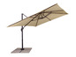 Ein beiger Sonnenschirm mit rechteckigem Schirm und einem Metallrahmen.
