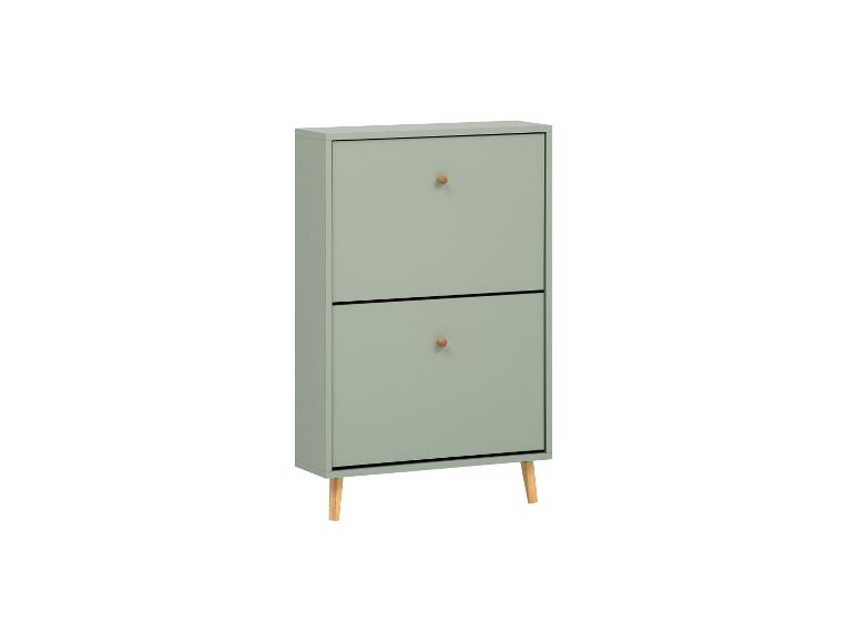 Grüner Schuhschrank mit zwei Fächern und Holzgriffen, auf Holzbeinen.