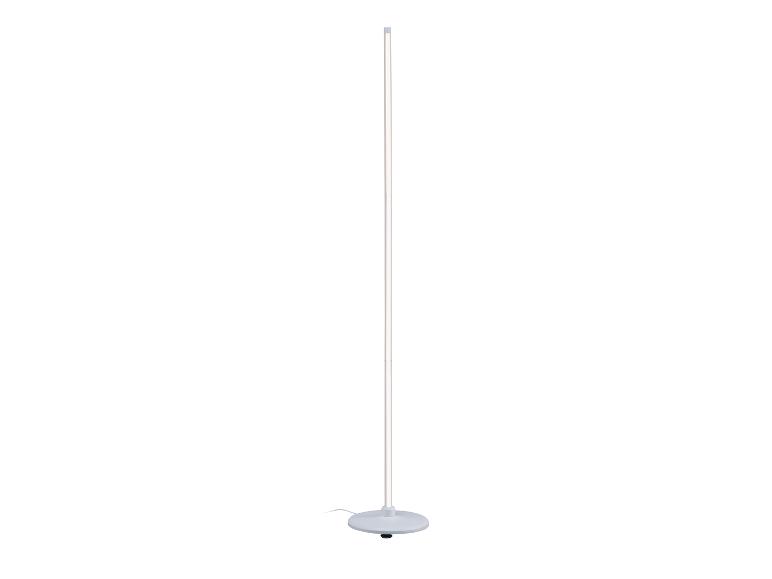 Weiße, schlanke LED-Stehlampe mit rundem Fuß.