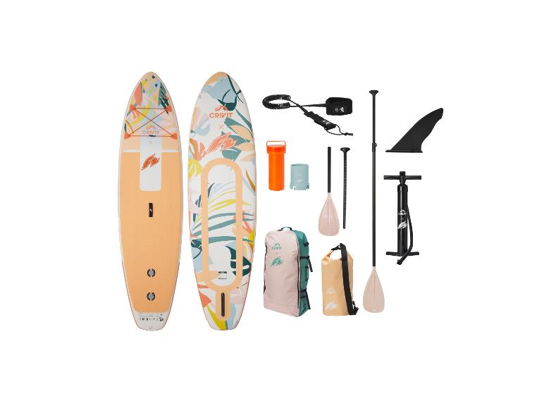 Zwei Stand-Up-Paddle-Boards mit Blumendesigns, Paddel, Pumpe, Finne, Leine und Taschen.