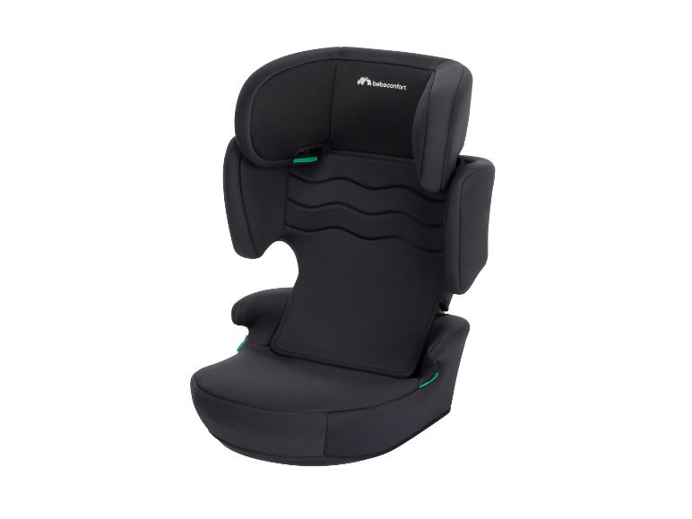 Schwarzer Kindersitz mit grünen Akzenten.