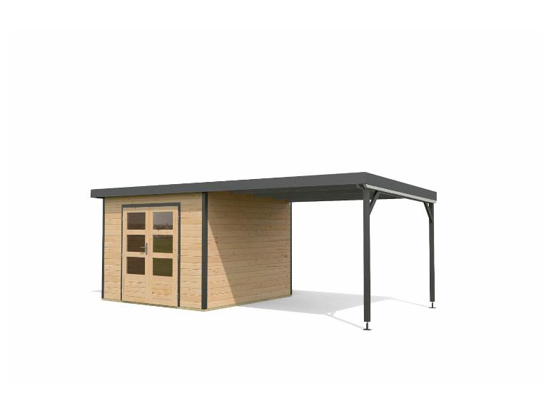 Ein Holz-Gartenhaus mit einem Vordach.