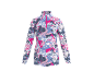 Damen-Sportoberteil mit langen Ärmeln und abstraktem Muster in Pink, Blau und Grau.