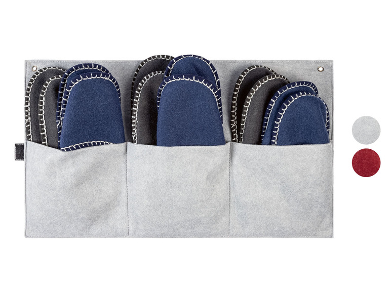Graue Aufbewahrungstasche mit blauen und grauen Hausschuhen
