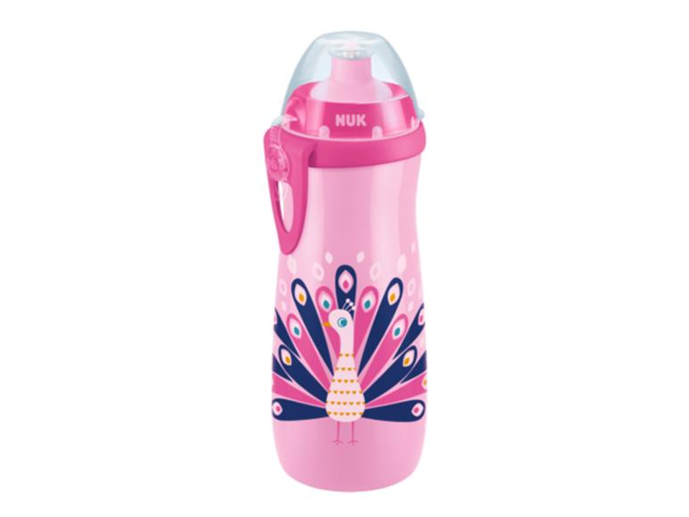 Rosa Trinkflasche mit Pfauenmotiv, Trinktülle und Griff.