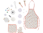 Kinderküchen-Spielset mit Schürze, Ofenhandschuh, Topflappen und verschiedenen Kochutensilien.