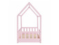 Ein rosa Kinderbett in Form eines Hauses.