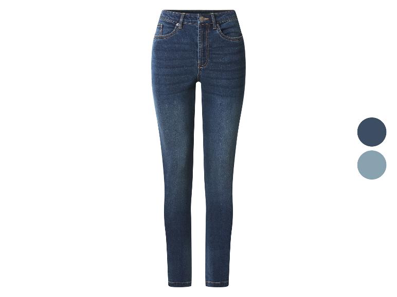 Dunkelblaue Damen-Skinny-Jeans mit zwei Farbmustern rechts.