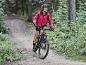 Eine Frau fährt mit einem Mountainbike durch einen Wald.