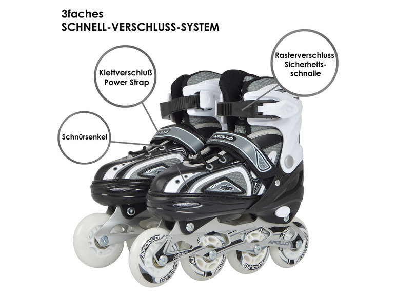 Schwarze Inline-Skates mit weißem Rahmen und Rädern, der Marke Apollo.
