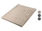 Beige, gerippte Kuscheldecke mit drei Farbmustern: Beige, Blau und Braun.