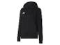 Schwarzer Kapuzenpullover mit Reißverschluss und weißem Logo auf der Brust.