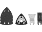 Schleifpapier, Schleifplatte und zwei Multifunktionswerkzeugklingen zum Schleifen und Sägen.