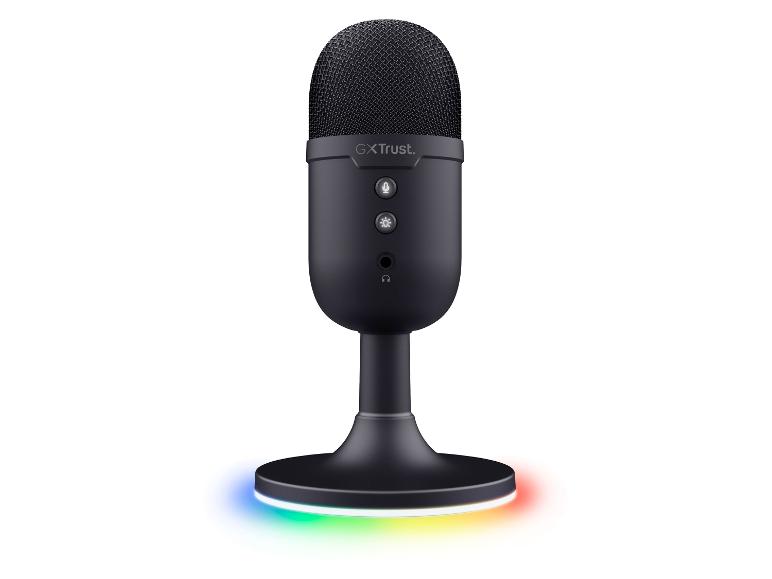 Schwarzes Gaming-Mikrofon mit Ständer und RGB-Beleuchtung.