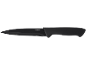 Schwarzes Messer mit schwarzem Griff und dem Text „STAINLESS STEEL“ auf der Klinge.