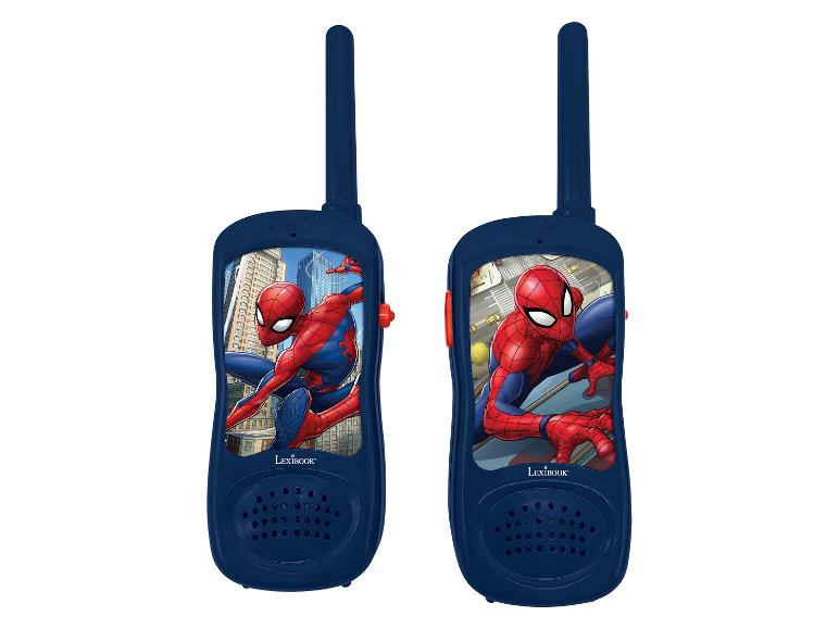 Zwei blaue Walkie-Talkies mit Spiderman-Grafiken und Stadtszene im Hintergrund.