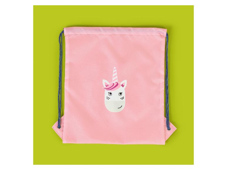 Rosa Turnbeutel mit Einhorn-Gesichtszeichnung, Horn und Mähne.