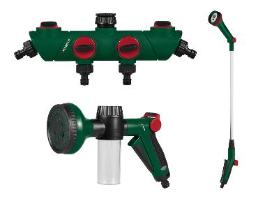 PARKSIDE® 4-Wege-Verteiler / Dünger-Gartenbrause mit Schaumbehälter / Blumenampel-Gießstab