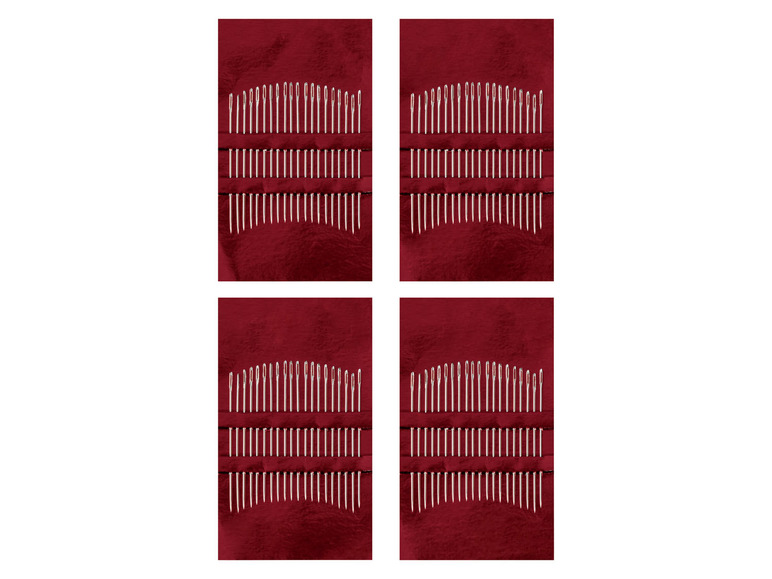 Vier Sätze Nadeln auf rotem Hintergrund.