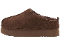 Braune Damen-Plateau-Hausschuhe mit dicker Sohle und Fellfutter.