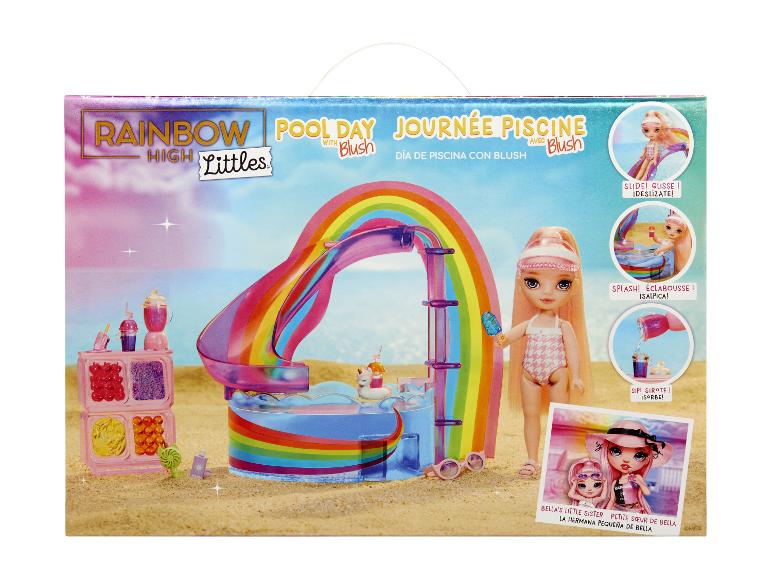 Rainbow High Littles Pool Day Spielset mit Puppe, Regenbogenrutsche und Zubehör.